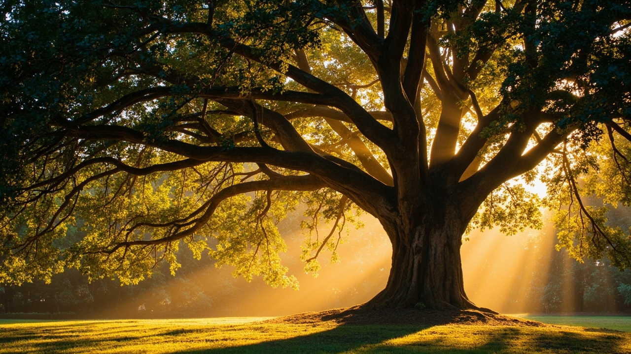 Sun rays through forest canopy